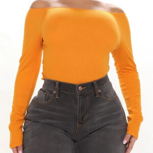 Fashion Nova • Orange Ribbed Off Shoulder Crop Top